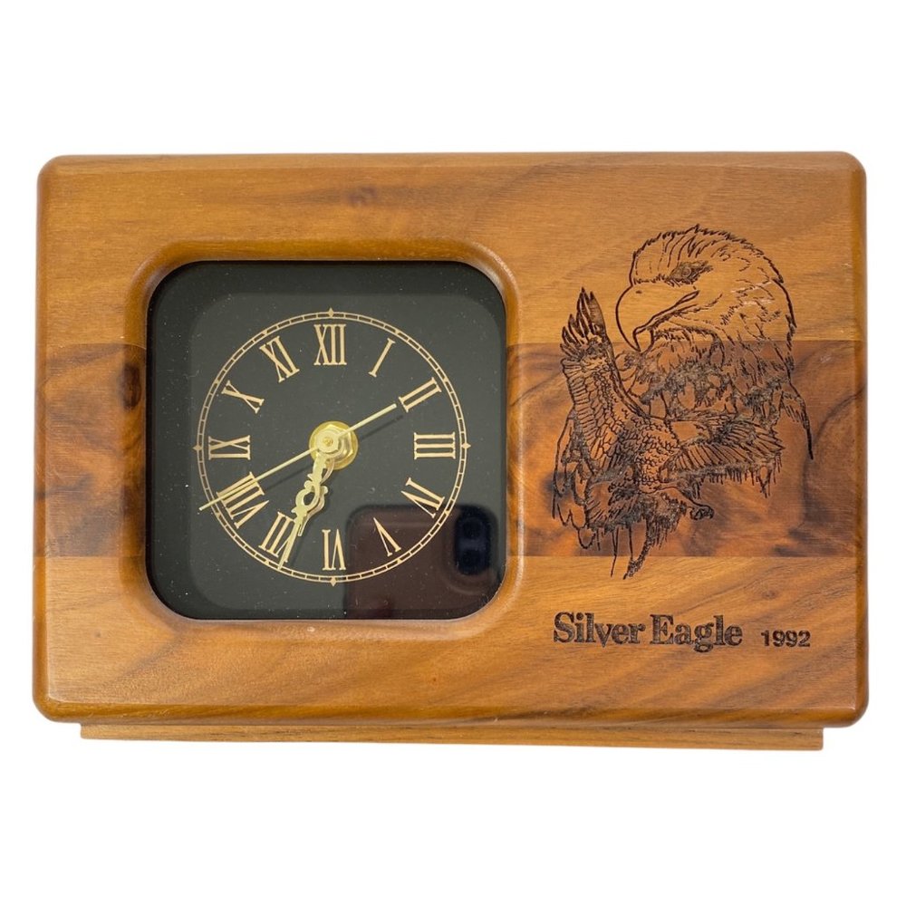 Wooden Desk Clock Eagle Design‎ Handcrafted Rustic Country Home Decor Art